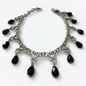 Vintage Silver Scroll Link Bracelet w/ Black Glass Charms | Gothic Romantic